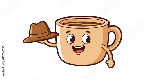 A cheerful cartoon coffee cup character tipping his fedora with a warm smile and expression