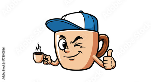 Cartoonish coffee cup character with a cap offering thumbs up and tiny coffee cup