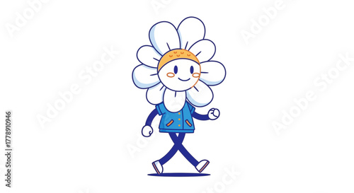Animated daisy character in casual attire strolling cheerfully on white background