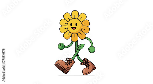 Cartoon walking sunflower with a cheerful expression spreading joy and optimism