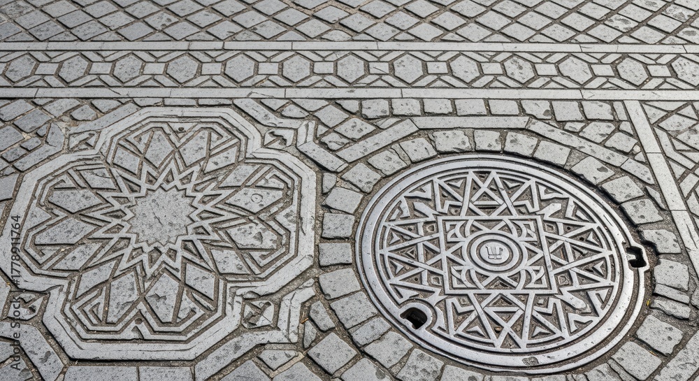 Obraz premium Intricate geometric designs on city pavement featuring manhole covers