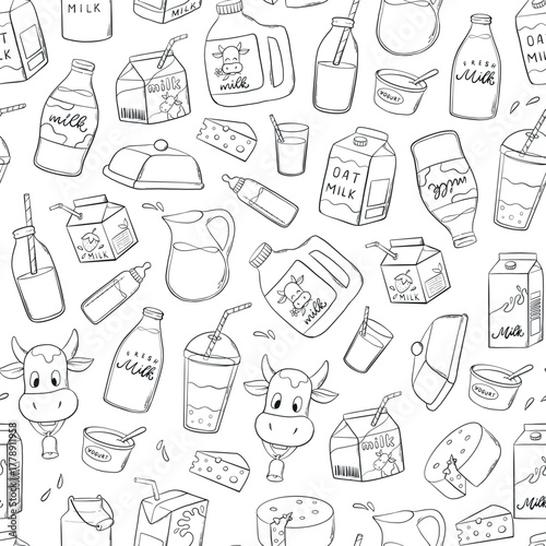 Milk monochrome doodles seamless pattern  for wallpapers, backgrounds, coloring pages, product packaging, wrapping paper, etc. EPS 10