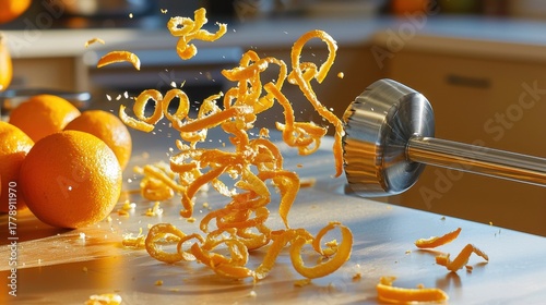 Orange zest curl spinning through air around reamer creating vortex vibrant peels motion blur effects culinary dynamics stainless steel kitchen tool oranges counter