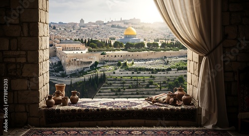View of a cityscape with a golden dome seen from a stone-framed window with clay pots on the sill.