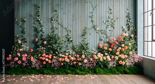 Indoor garden with roses and climbing vines against a blue panel wall, illuminated by natural light from a large window.