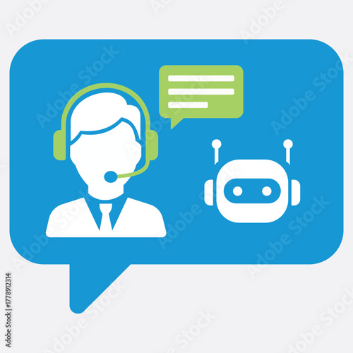 A chat bubble containing a customer service representative and a chatbot icon, representing modern customer support