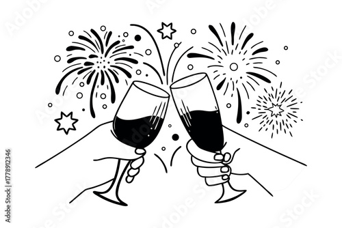 Hands clinking champagne glasses with fireworks celebration