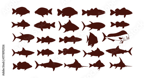 Collection of vector fish silhouettes. Both freshwater and saltwater.

