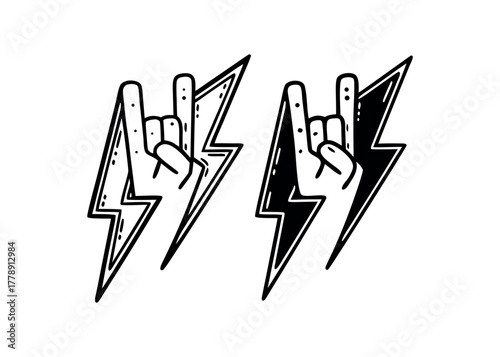 Two rock and roll hand gestures with lightning bolts