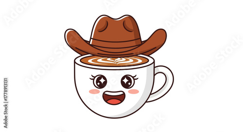 Cute coffee cup character wearing a cowboy hat cartoon illustration with smiling face and latte