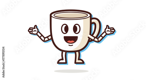Cheerful cartoon coffee cup character with open arms expressing welcoming gesture