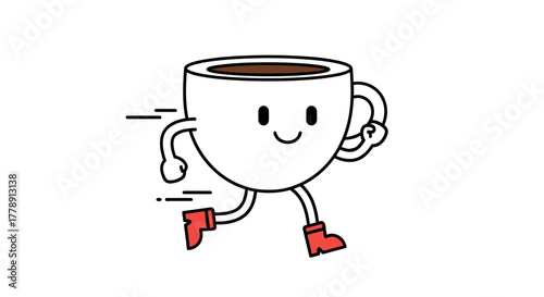 Animated Coffee Cup Character Running with Red Boots on White Background Line Drawing