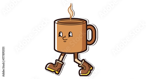 Animated coffee cup character walking enthusiastically ready for morning routine and motivation
