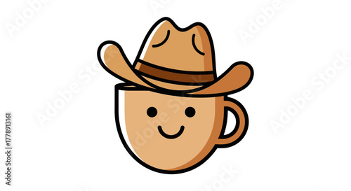 Whimsical coffee cup wearing cowboy hat isolated on white background character