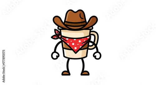 Cartoon coffee mug cowboy character with hat and bandana on a white background
