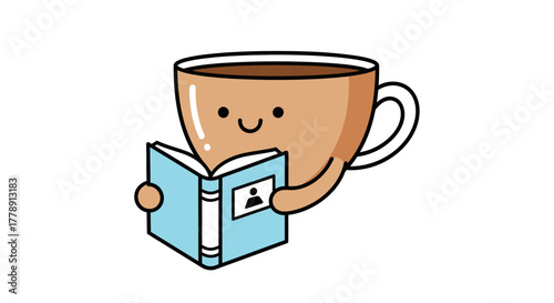 Illustration of a cheerful coffee cup character engrossed in reading a book with serene expression