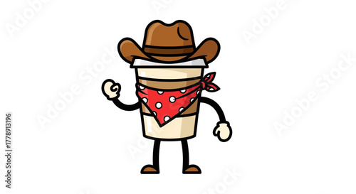 Whimsical cowboy coffee cup cartoon character on white background illustration