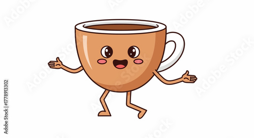Cheerful cup character with welcoming gesture radiating warmth and positive energy bringing