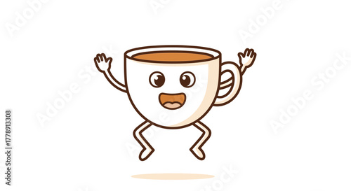Animated coffee cup character jumping happily on a clean white background illustration