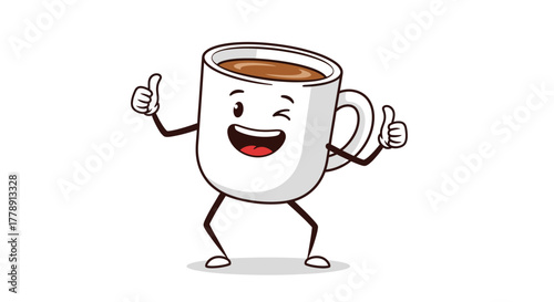 Cheerful coffee mug cartoon character giving thumbs up on isolated white background