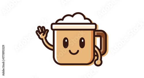 Cheerful animated coffee mug character waving hello with froth on top for advertising