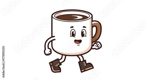 Whimsical coffee mug character strolling with a cheerful expression inviting morning bliss and