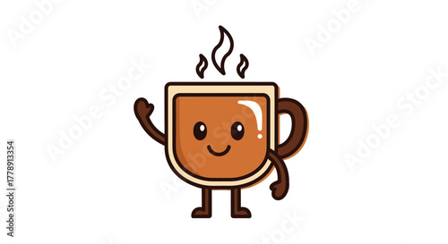 Playful beverage character illustration, coffee mug with friendly expression and steam trails