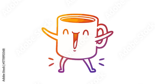 Cheerful cartoon coffee mug character dancing joyfully with vibrant gradient colors, a whimsical