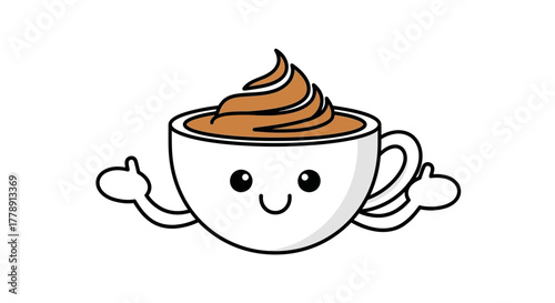 Cheerful coffee cup cartoon character with delicious frothy topping and welcoming gesture