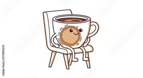 Adorable cartoon coffee cup with face and limbs resting comfortably on a small chair