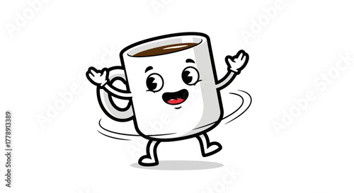 Animated coffee mug character expressing joy and energy with a vibrant appearance