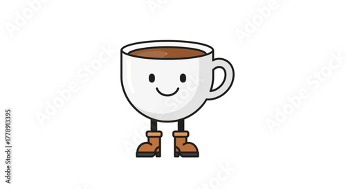 Animated coffee cup character with smiling face and boots walking cheerfully