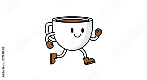 Energetic coffee cup cartoon character running with cheerful expression and animated limbs