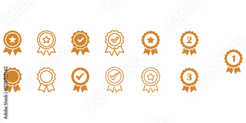 Badge with ribbon icon collection. Ribbon, Badges with star, Tick mark symbol. Vector Illustration.