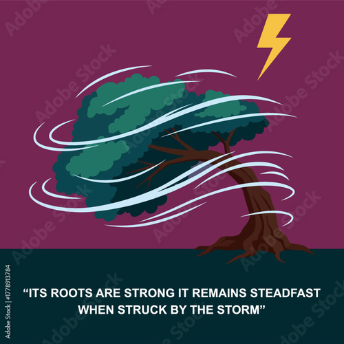 A tree with strong roots enduring a powerful storm with wind and lightning, symbolizing resilience and steadfastness.