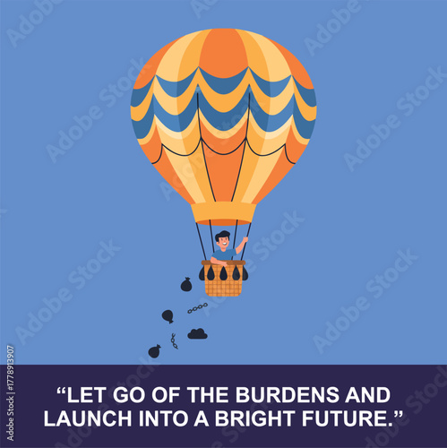 A person in a hot air balloon is letting go of burdens to ascend into a bright future, symbolizing freedom and progress.