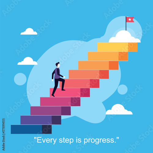 A person climbing a colorful staircase towards a flag on a cloud, symbolizing progress and success.