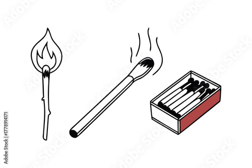 Lit matchstick with flame and matchbox