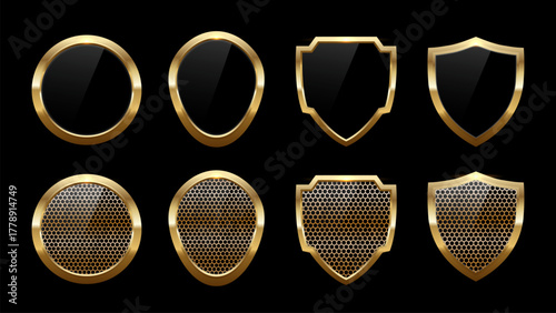 Set of 3D Golden Shields with Glossy Finish on Dark Background – Luxury Gold Badge and Modern Emblem Vector Illustration
