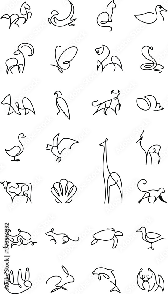 Fototapeta premium Explore the animal kingdom through minimal line art drawing of wildlife and sea creatures