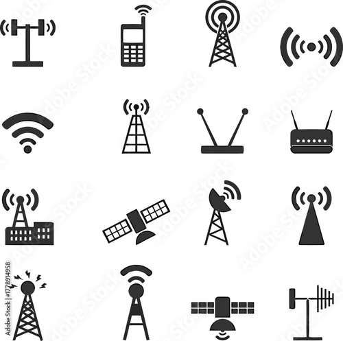 Explore communication through iconic antenna icons broadcasting signals in a wireless network system