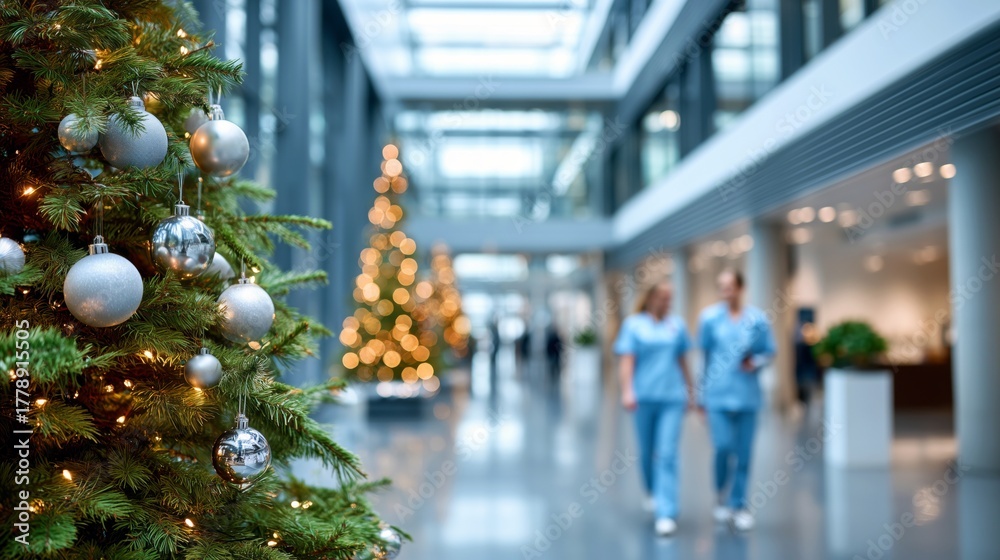 Obraz premium A Festive Holiday Scene Featuring Illuminated Christmas Trees and Healthcare Professionals in a Modern Hospital Atrium