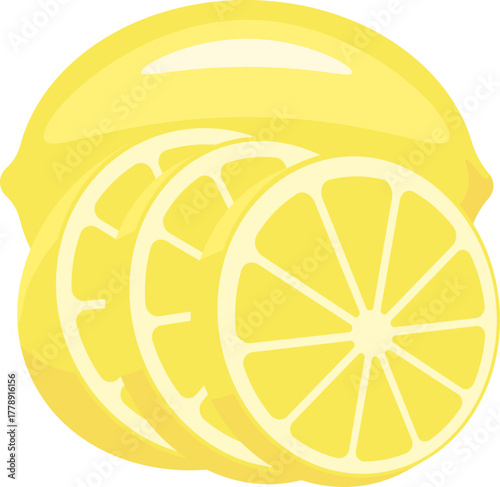 Vibrant yellow lemon and three fresh slices. Whole citrus fruit with cut pieces, a simple flat vector illustration on white background.