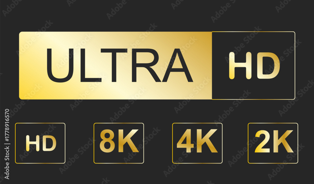 Video resolutions full ultra HD, video quality badge sticker icon. Video resolution set. 8k 4k 2k hd