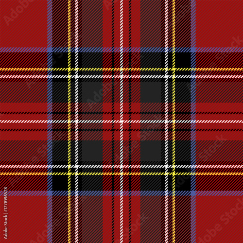 Christmas and new year tartan plaid. Scottish pattern in black, red and white cage. Scottish cage. Traditional Scottish checkered background. Seamless fabric texture. Vector illustration
