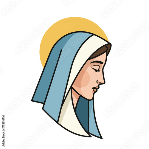 Illustration of the Virgin Mary in profile, wearing a blue veil and a golden halo, with her eyes closed.