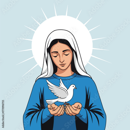 Virgin Mary holding a dove, with a halo and blue robe.