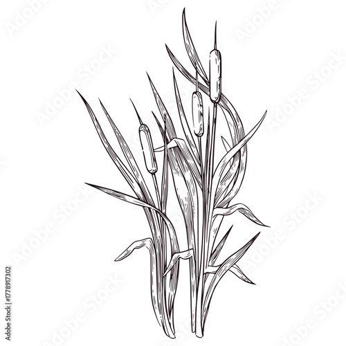 Reeds with leaves, cattails hand-drawn with ink and translated into vector, Vector illustration is suitable for printing on fabric, paper, for design and creativity. For coloring pages and books.