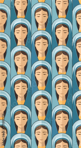 Seamless repeating pattern of a stylized, illustrated Virgin Mary figure with closed eyes and a blue veil.