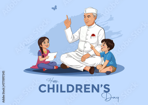 Pandit Jawaharlal Nehru with children – Happy Children’s Day vector illustration on blue background
